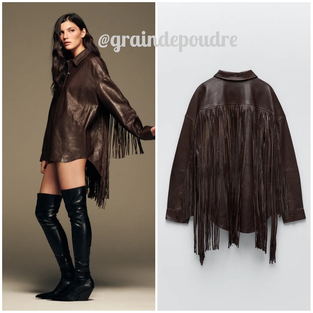 Zara Chocolate Brown Fringe Leather Overshirt S